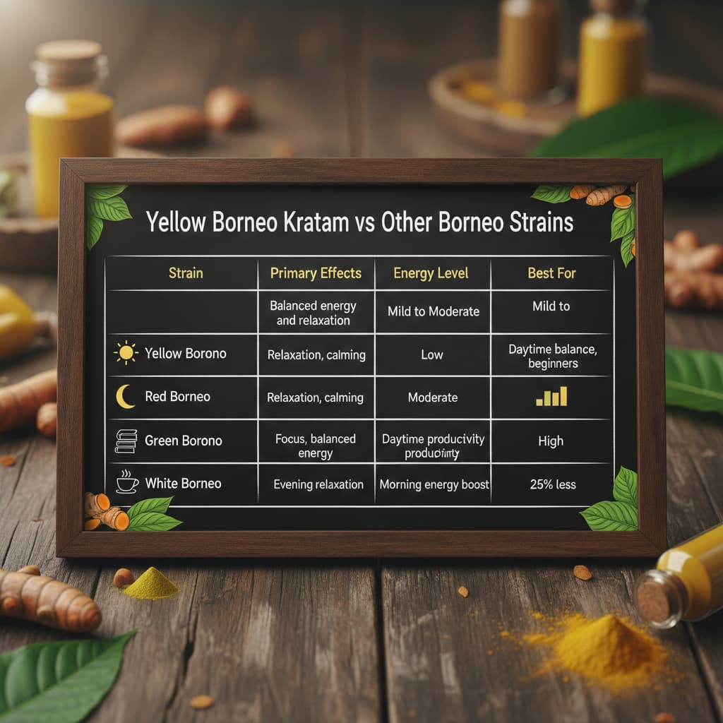 Comparison of different Borneo Kratom strains showing Yellow, Red, Green, and White varieties